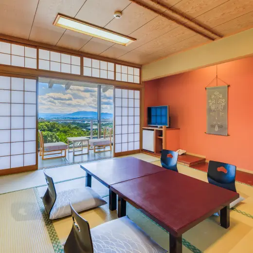 窓の外に奈良の街並みが見える、座卓とテレビが置かれた和風の客室。