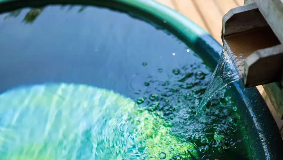 露天風呂の湯口から流れ落ちるお湯。