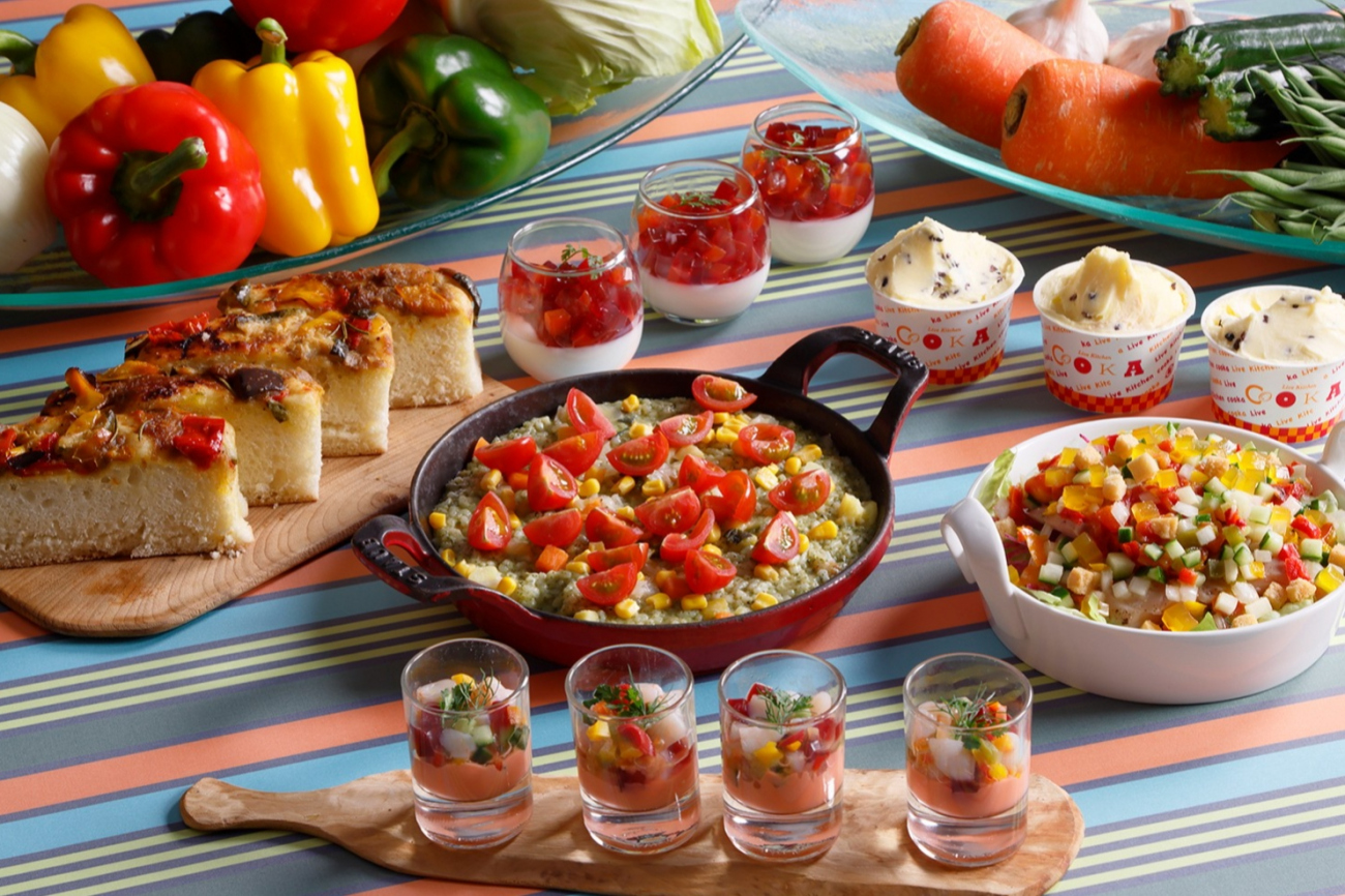 画像：ハルカスベジフェス！コラボメニュー「COOKA」で提供する野菜の彩り豊かなメニュー集合