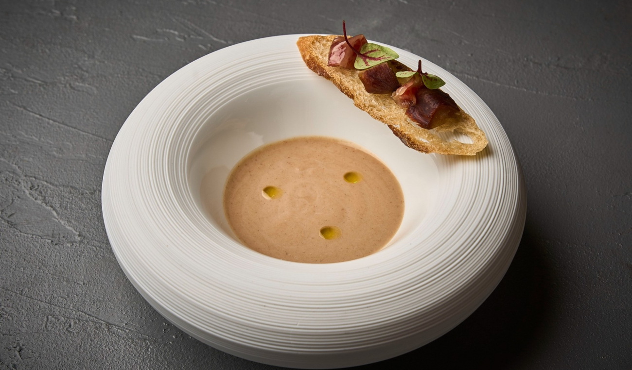 Tamba chestnut velouté, Kameoka beef prosciutto