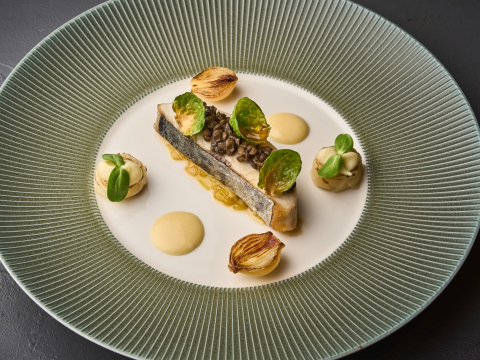 Spanish mackerel topped with lentils and beef bone marrow, smoked white wine.