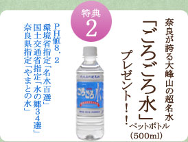 特典2良が誇る大峰山の超名水「ごろごろ水」プレゼント！！ペットボトル（５００ｍｌ）ＰＨ値８．２環境省指定「名水百選」国土交通省指定「水の郷３４選」奈良県指定「やまとの水」