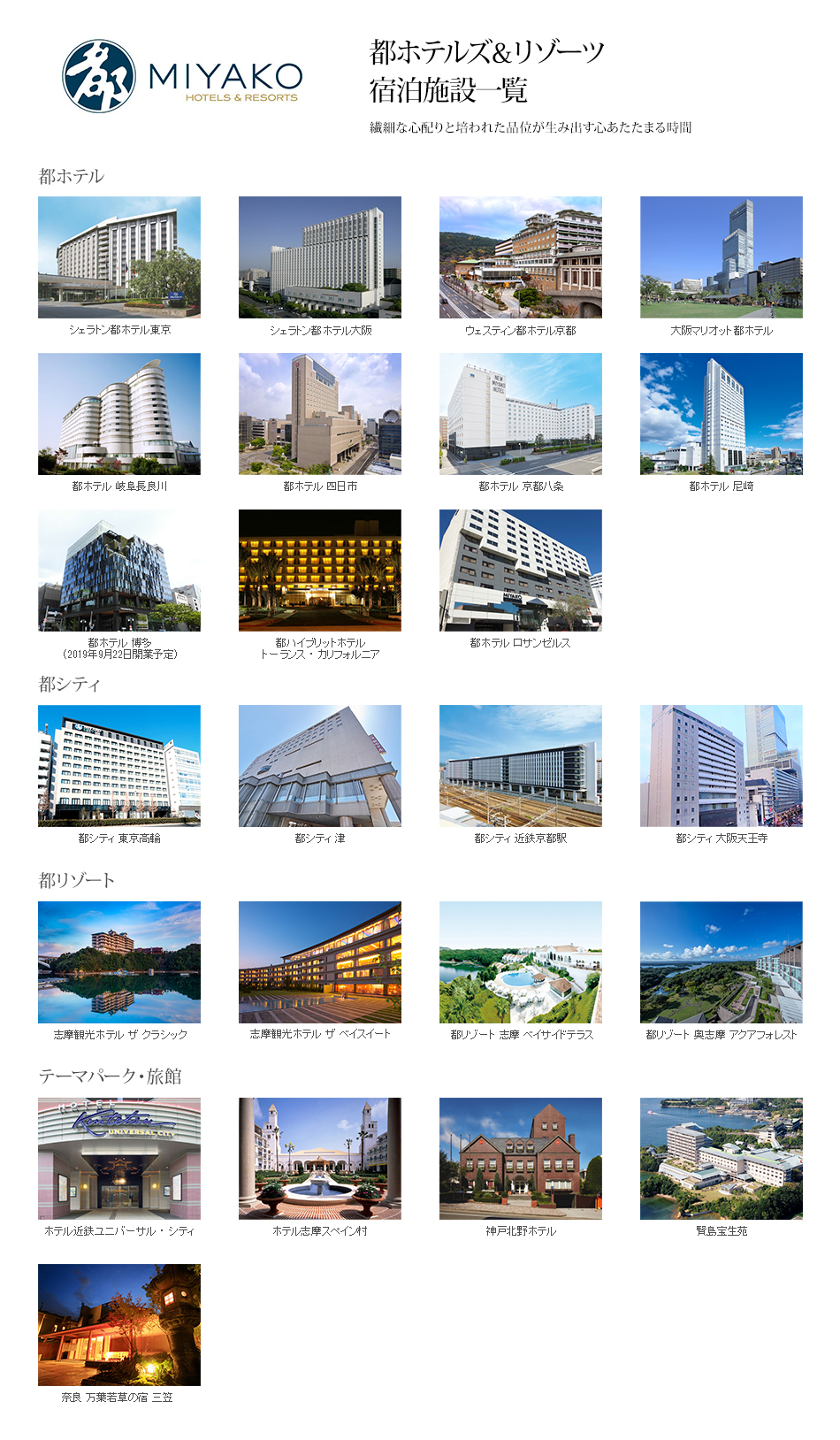 都ホテルズ＆リゾーツ宿泊施設一覧表